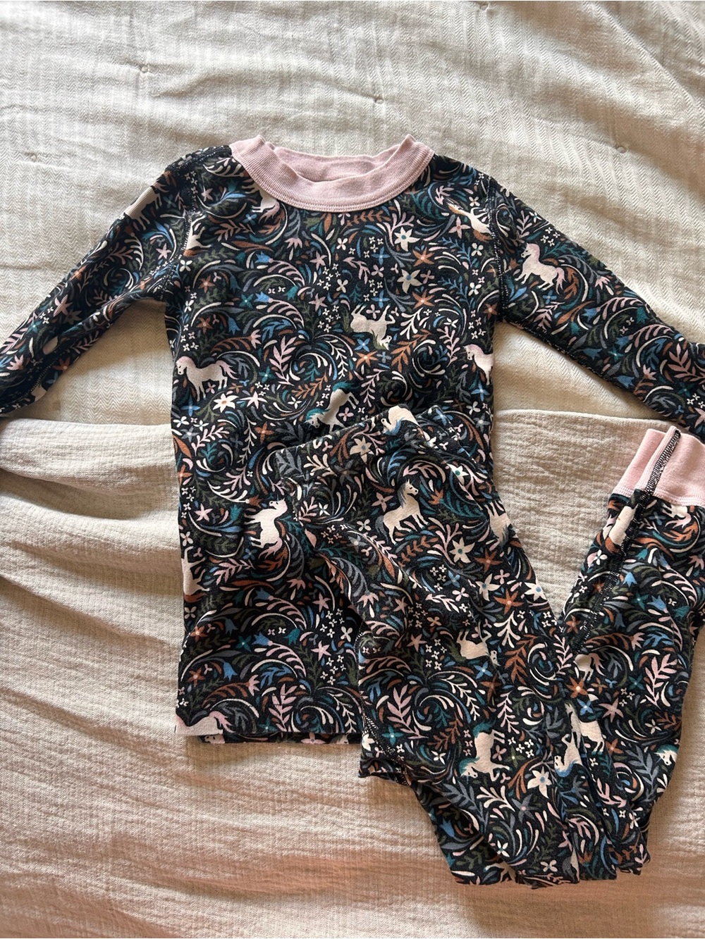 Hanna Andersson Navy Unicorn & Floral Kids Pajama Set with Pink Trim